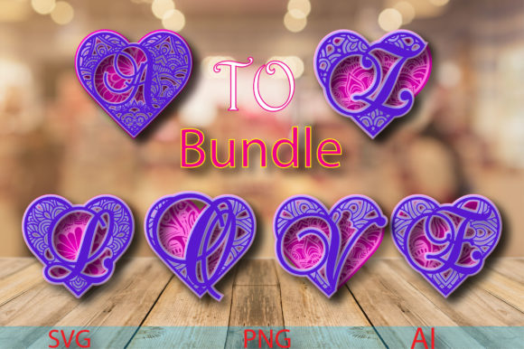 A-Z Mandala Heart 3D SVG Shapes Bundle