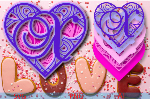 Heart Mandala Alphabet X: 3D SVG Shapes